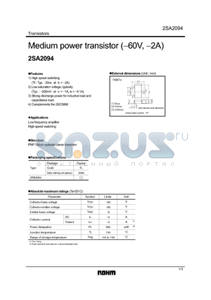 2SA2094 datasheet - Medium power transistor (-60V, -2A)