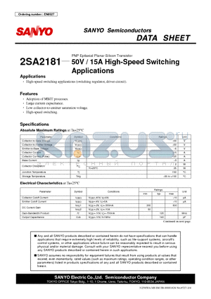 2SA2181 datasheet - PNP Epitaxial Planar Silicon Transistor 50V / 15A High-Speed Switching