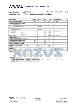 AXHV0003 datasheet - VCO - Voltage Controlled Oscillator