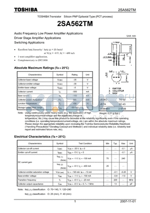 2SA562TM_07 datasheet - Audio Frequency Low Power Amplifier Applications Driver Stage Amplifier Applications Switching Applications
