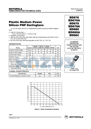 BD676 datasheet - Plastic Medium-Power Silicon PNP Darlingtons
