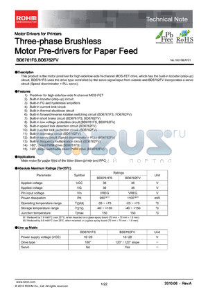 BD6761FS datasheet - Three-phase Brushless Motor Pre-drivers for Paper Feed