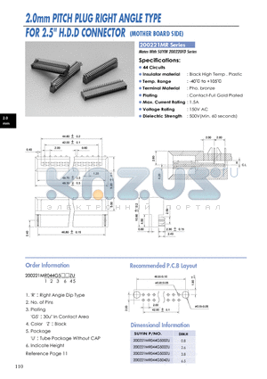 200221MR datasheet - 2.0mm PITCH PLUG RIGHT ANGLE TYPE FOR 2.5