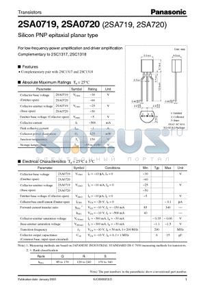 2SA719 datasheet - For low-frequency power amplification and driver amplification Complementary