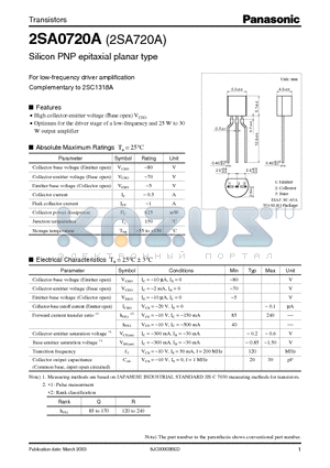 2SA720A datasheet - For low-frequency driver amplification Complementary