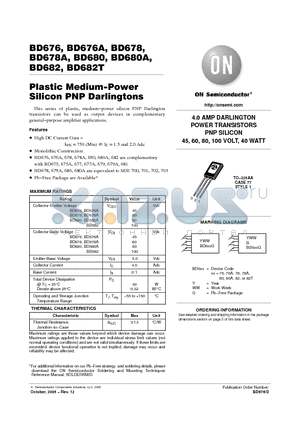 BD678 datasheet - Plastic Medium−Power Silicon PNP Darlingtons