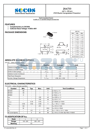 2SA733 datasheet - PNP Plastic Encapsulated Transistor