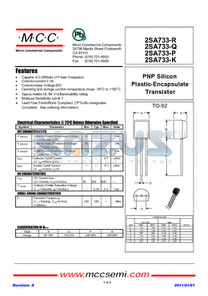 2SA733-R datasheet - PNP Silicon Plastic-Encapsulate Transistor