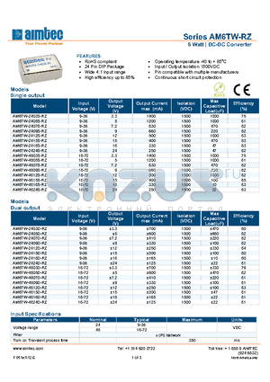 AM6TW-2405D-RZ datasheet - 6 Watt | DC-DC Converter