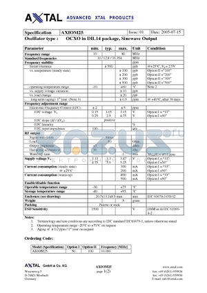 AXIOM25 datasheet - OCXO in DIL14 package, Sinewave Output