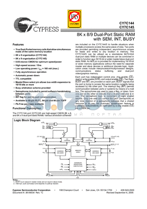 CY7C144-15JC datasheet - 8K x 8/9 Dual-Port Static RAM with SEM, INT, BUSY