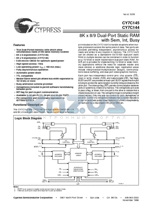 CY7C144-25JC datasheet - 8K x 8/9 Dual-Port Static RAM with Sem, Int, Busy