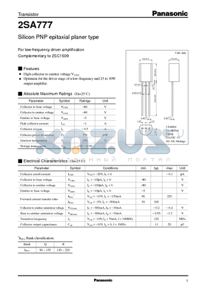 2SA777 datasheet - Silicon PNP epitaxial planer type(For low-frequency driver amplification)