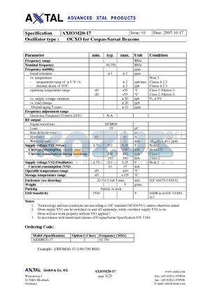 AXIOM20-17 datasheet - OCXO for Cospas-Sarsat Beacons