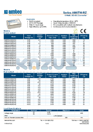 AM6TW-4803S-RZ datasheet - 6 Watt | DC-DC Converter