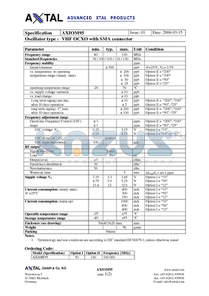 AXIOM95 datasheet - VHF OCXO with SMA connector