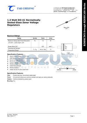 BZX85C100 datasheet - 1.3 Watt DO-41 Hermetically Sealed Glass Zener Voltage Regulators