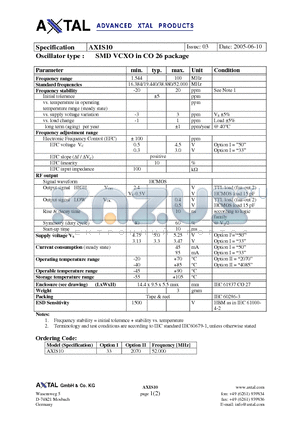 AXIS10 datasheet - SMD VCXO in CO 26 package