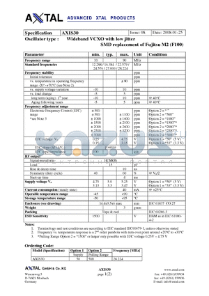 AXIS30 datasheet - Wideband VCXO with low jitter SMD replacement of Fujitsu M2 (F100)