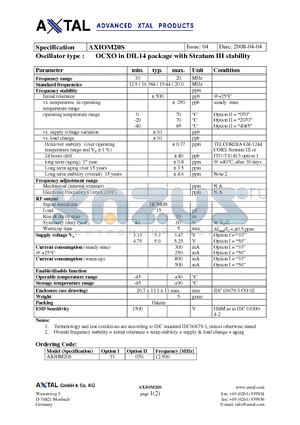 AXIOM20S datasheet - OCXO in DIL14 package with Stratum III stability