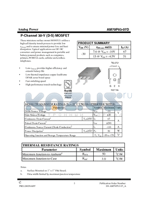 AM70P03-07D datasheet - P-Channel 30-V (D-S) MOSFET