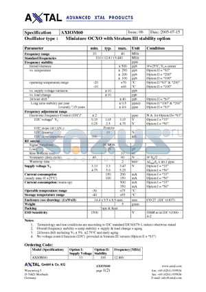 AXIOM60 datasheet - Miniature OCXO with Stratum III stability option