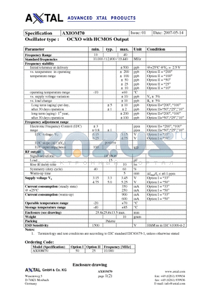 AXIOM70 datasheet - OCXO with HCMOS Output