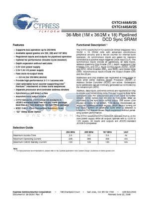 CY7C1444AV25-167BZXC datasheet - 36-Mbit (1M x 36/2M x 18) Pipelined DCD Sync SRAM