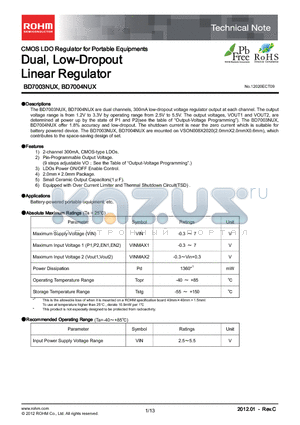 BD7003NUX_11 datasheet - CMOS LDO Regulator for Portable Equipments Dual, Low-Dropout Linear Regulator