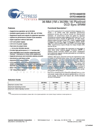 CY7C1444AV33-200AXC datasheet - 36-Mbit (1M x 36/2Mx 18) Pipelined DCD Sync SRAM