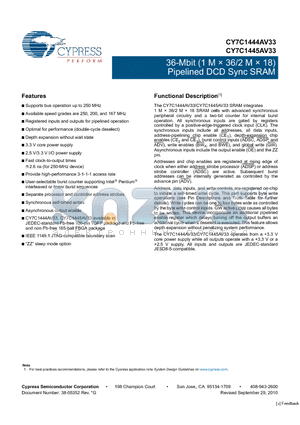 CY7C1445AV33 datasheet - 36-Mbit (1 M  36/2 M  18) Pipelined DCD Sync SRAM 3.3 V core power supply