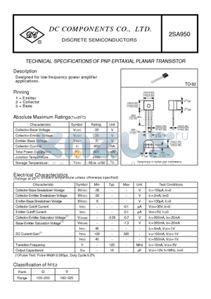 2SA950 datasheet - TECHNICAL SPECIFICATIONS OF PNP EPITAXIAL PLANAR TRANSISTOR
