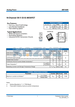 AM7400N datasheet - N-Channel 30-V (D-S) MOSFET