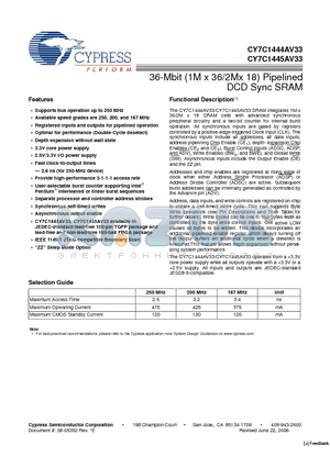 CY7C1445AV33-167AXI datasheet - 36-Mbit (1M x 36/2Mx 18) Pipelined DCD Sync SRAM