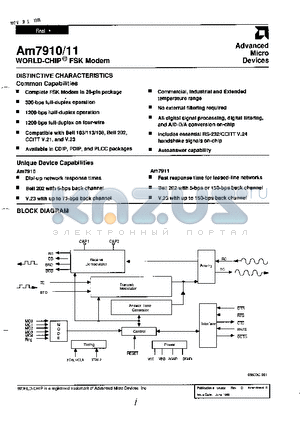 AM7910DI datasheet - WORLD-CHIP FSK Modem