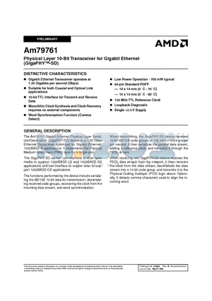 AM79761YC-14 datasheet - Physical Layer 10-Bit Transceiver for Gigabit Ethernet (GigaPHY-SD)