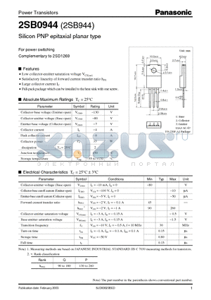 2SB0944 datasheet - For Power Switching