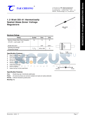 BZX85C3V6 datasheet - 1.3 Watt DO-41 Hermetically Sealed Glass Zener Voltage Regulators