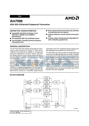 AM7996PCTR datasheet - IEEE 802.3/Ethernet/Cheapernet Transceiver