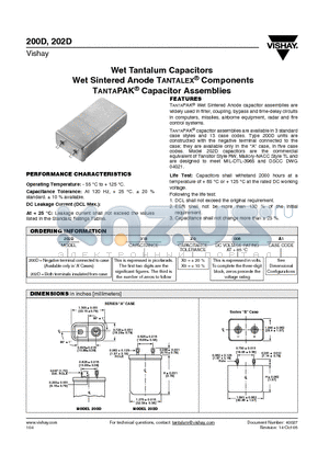 200D377X0085A2 datasheet - Wet Tantalum Capacitors Wet Sintered Anode TANTALEX^ ComponentsTANTAPAK^ Capacitor Assemblies