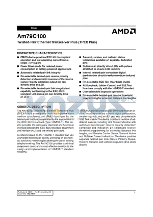 AM79C100 datasheet - Twisted-Pair Ethernet Transceiver Plus (TPEX Plus)