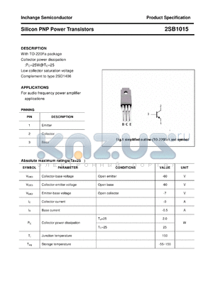 2SB1015 datasheet - Silicon PNP Power Transistors