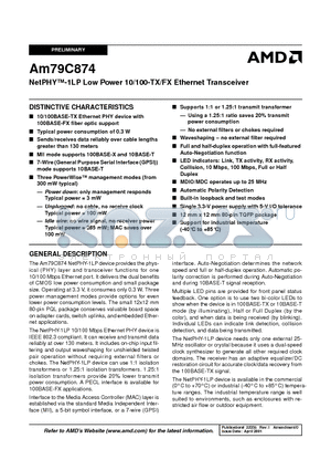 AM79C874VI datasheet - NetPHY-1LP Low Power 10/100-TX/FX Ethernet Transceiver
