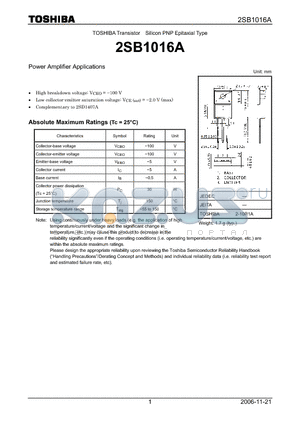 2SB1016A datasheet - Power Amplifier Applications