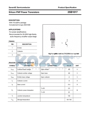 2SB1017 datasheet - Silicon PNP Power Transistors