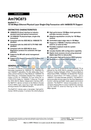 AM79C873 datasheet - NetPHY -1 10/100 Mbps Ethernet Physical Layer Single-Chip Transceiver with 100BASE-FX Support
