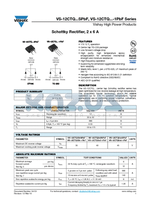 12CTQ040-1TRRPBF datasheet - Schottky Rectifier, 2 x 6 A