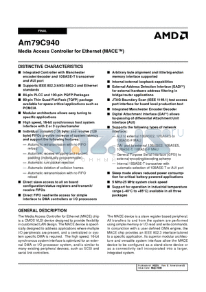 AM79C940 datasheet - Media Access Controller for Ethernet (MACE)