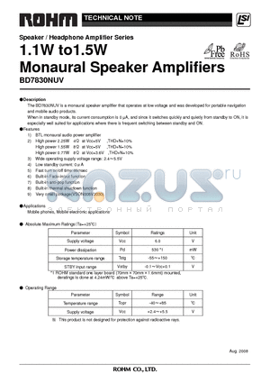 BD7830NUV datasheet - 1.1W to1.5W Monaural Speaker Amplifiers