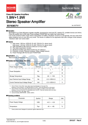 BD7836EFV-E2 datasheet - 1.9W1.9W Stereo Speaker Amplifier